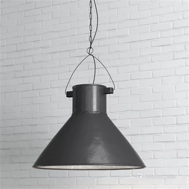 Dark Conical Metal Pendant Light Hanging On Chain Against White Brick Wall 3d model 