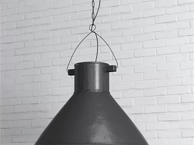 Dark Conical Metal Pendant Light Hanging On Chain Against White Brick Wall 3d model