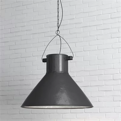 Dark Conical Metal Pendant Light Hanging On Chain Against White Brick Wall 3d model