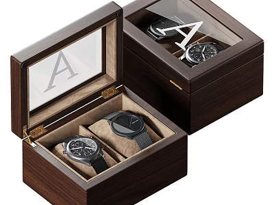 Luxury Watches Stored in Wooden Boxes with Transparent Lids and Letter A 3d model
