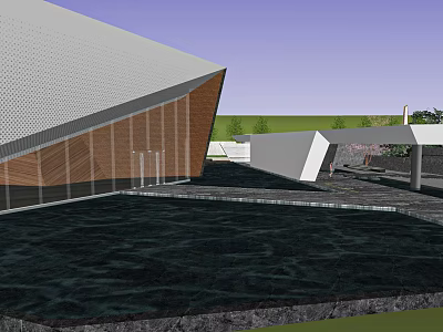 Modern Garden Landscape With Geometric Architecture Wooden Accents Water Feature And Lawn 3d model
