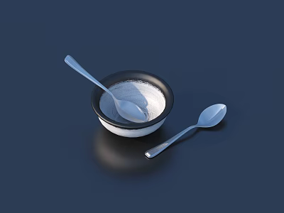 Stylish Tableware Set with Ceramic Bowl and Two Silver Spoons on Dark Surface 3d model