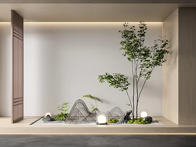 Modern Japanese Indoor Landscape with Wooden Screen Rockery Green Tree Small Lights and Stone Pebbles 3d model