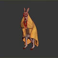 Kangaroo Standing Wearing Yellow Cloak And Red Bead Necklace Against Gray Background With Floor Reflection
