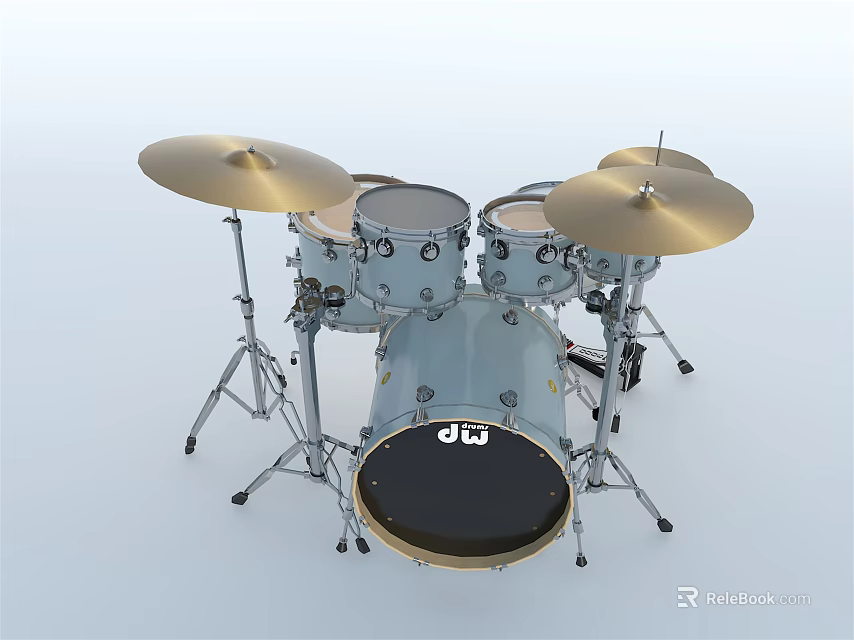 Silver Professional Drum Set With Cymbals Stands And Quality Musical Equipment 3d model 