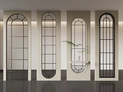 Interior With Arched Glass Windows Arranged On Wall And Small Table With Plant 3d model