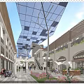Bustling Commercial Street With Glass Skylight Shops Pedestrians And Outdoor Seating