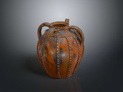 Handcrafted Carved Clay Jar Sculpture With Multiple Handles Textured Surface And Orange Brown Finish 3d model