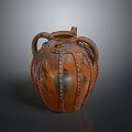 Handcrafted Carved Clay Jar Sculpture With Multiple Handles Textured Surface And Orange Brown Finish
