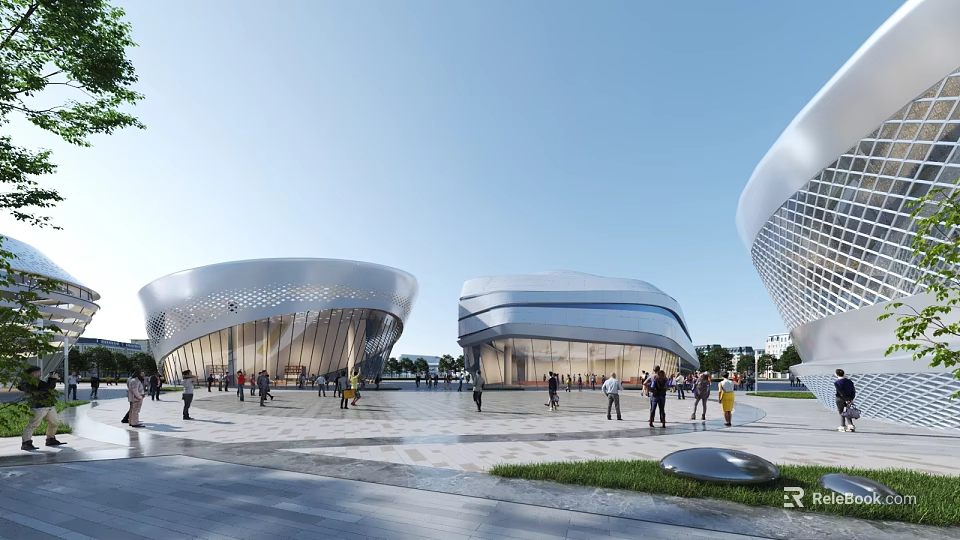 Modern Cultural Center Building Featuring Unique Facade Open Plaza And People Gathering 3d model 