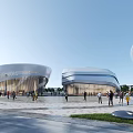 Modern Cultural Center Building Featuring Unique Facade Open Plaza And People Gathering