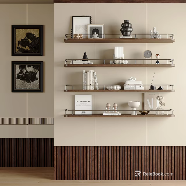 Modern Wooden Tiered Wall Mounted Shelving Unit With Books Decorative Items And Photo Frames 3d model 