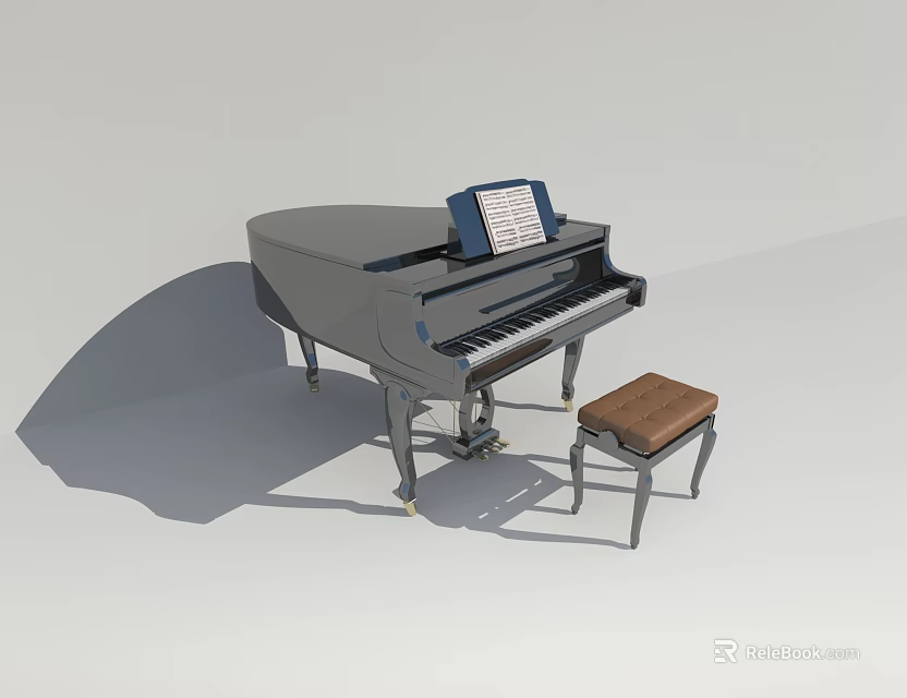 Classic Grand Piano With Wooden Stool And Open Music Sheet 3d model 