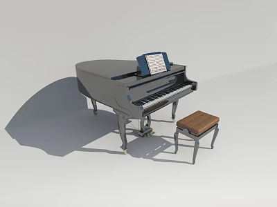 Classic Grand Piano With Wooden Stool And Open Music Sheet 3d model