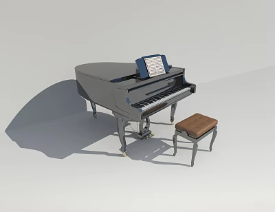 Classic Grand Piano With Wooden Stool And Open Music Sheet 3d model