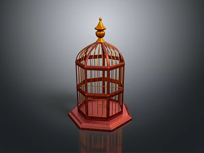 Classic Red Wooden Birdcage With Golden Finial For Pet Bird Habitat 3d model