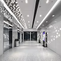 Modern Elevator Hallway With Snowflake Patterned Walls Recessed Lights Polished Floor Sofa Seating And Digital