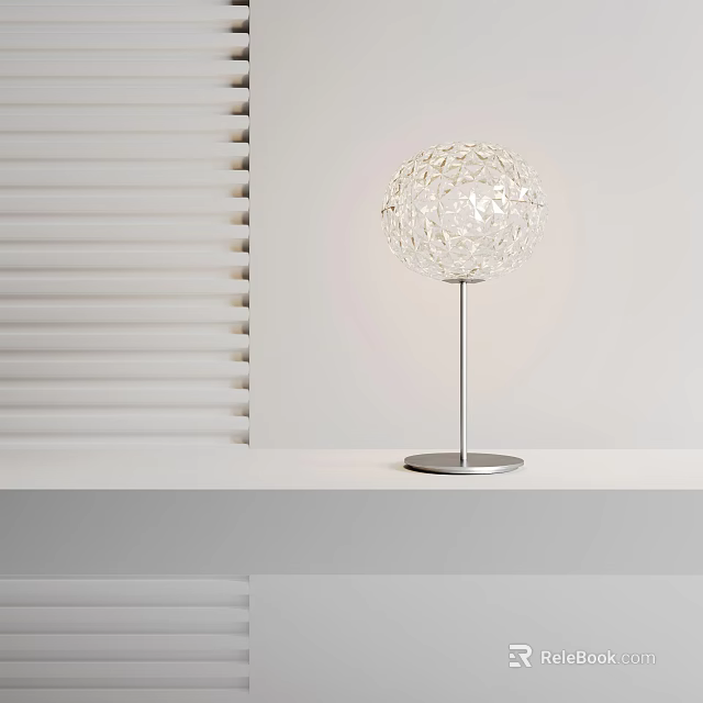 Modern Spherical Hollow Table Lamp With Silver Metal Base On White Tabletop 3d model 