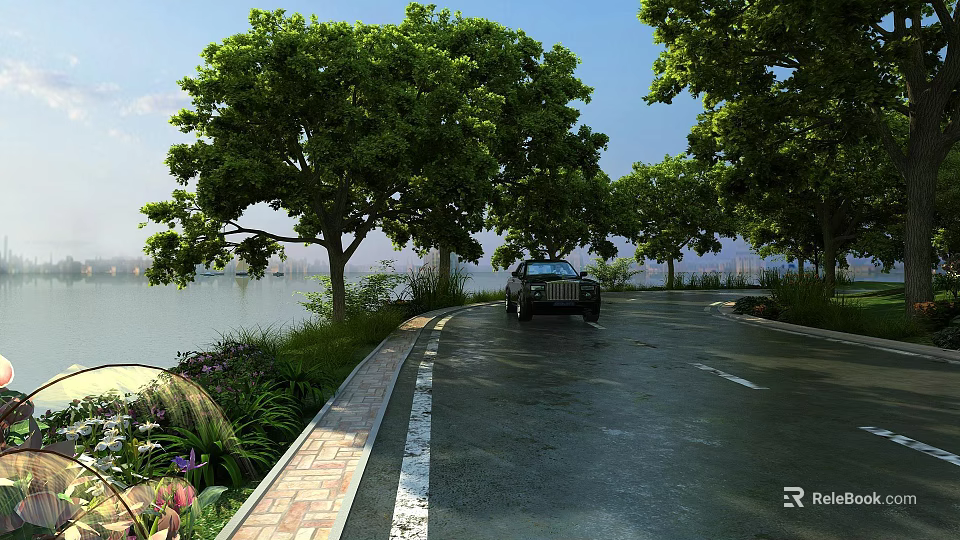 Serene Garden Landscape With Lakeside Road Green Trees Flower Plants And Car 3d model 