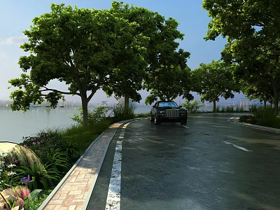Serene Garden Landscape With Lakeside Road Green Trees Flower Plants And Car 3d model