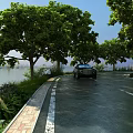 Serene Garden Landscape With Lakeside Road Green Trees Flower Plants And Car