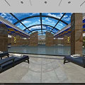 Indoor Luxury Spa Area With Round Stone Pools Blue Sky Ceiling And Glass Arched Roof