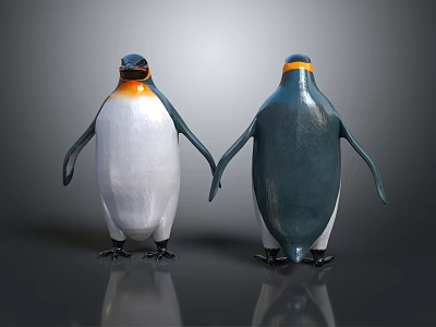 Penguins Standing Front And Back With Orange Neck White Belly Black Back On Dark Background 3d model