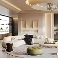 Modern Luxury Living Room Interior With White Sofa Round Chandelier Green Ottoman And Orange Decoration