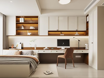 Modern Tatami Bedroom Interior With Bed Writing Desk Computer Chair And Shelves 3d model