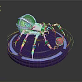 Futuristic Mechanical Spider Featuring Transparent Dome Head Metallic Legs On Blue Platform With Red Sphere