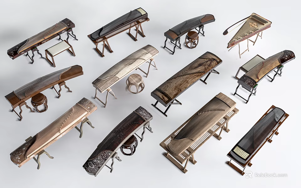 Traditional Chinese Zithers Collection With Decorative Wooden Stands And Various Patterns 3d model 