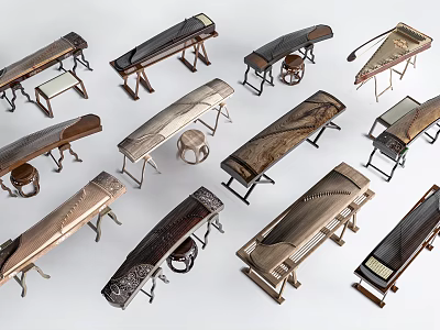 Traditional Chinese Zithers Collection With Decorative Wooden Stands And Various Patterns 3d model