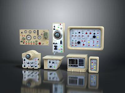 Various Industrial Control Panels With Knobs Buttons Meters And Indicator Lights 3d model