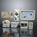 Various Industrial Control Panels With Knobs Buttons Meters And Indicator Lights
