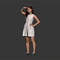 Woman in White Dress Posing with Hand on Forehead and Blue Shoes Against Gray Background