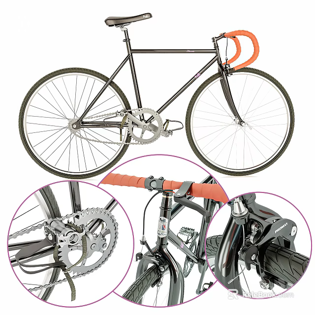 Classic Bicycle With Black Frame Orange Handlebars Gears Chain And Close Up Details 3d model 