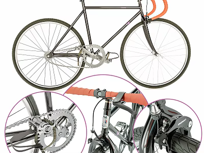 Classic Bicycle With Black Frame Orange Handlebars Gears Chain And Close Up Details 3d model