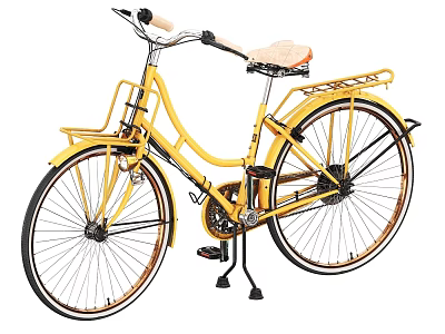 Vintage Yellow Bicycle With Front Basket Rear Rack And Beige Seat 3d model