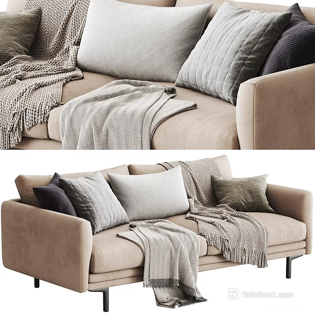 Modern Beige Two Seater Sofa With Mixed Color Cushions And Knitted Blankets 3d model 