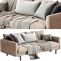 Modern Beige Two Seater Sofa With Mixed Color Cushions And Knitted Blankets