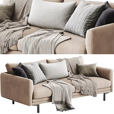 Modern Beige Two Seater Sofa With Mixed Color Cushions And Knitted Blankets 3d model