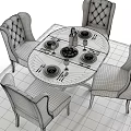 Elegant Wooden Dining Table Set With Beige Upholstered Chairs Fruits Wine Bottles And Tableware