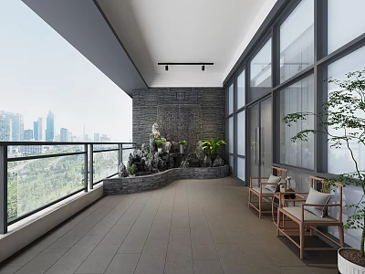 Modern Home Balcony With City View Stone Wall Water Feature Green Plants And Wooden Chairs 3d model