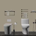 Modern Bathroom Interior With White Toilets Wall Shelves Towel Racks And Toilet Paper Holder
