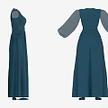 Elegant Deep Blue Long Sleeve Dress With V Neck Transparent Sleeves And Pleated Skirt