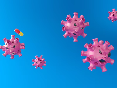 Medical Devices For Fighting Viruses With Pink Virus Models And Capsules On Blue Background 3d model