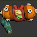 Game And Movie Character With Green Hair Orange Yellow Outfit Mechanical Arm And Weapon