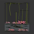 Modern Decorative Ornament Set With Transparent Cube Pink Lotus Flowers And Green Lily Pads