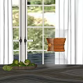 Glass Coffee Pot With Wooden Handle And Lime Plate Near Window With Green Plants Background