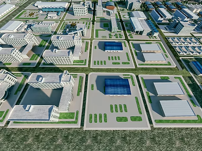 Modern Industrial Factory Complex Layout With Multiple Buildings And Green Spaces 3d model